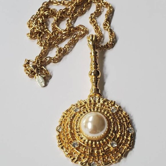 Vintage Statement Park Lane Faux Pearl Rhinestones Pendulum Pendant Necklace - Picture 4 of 10
